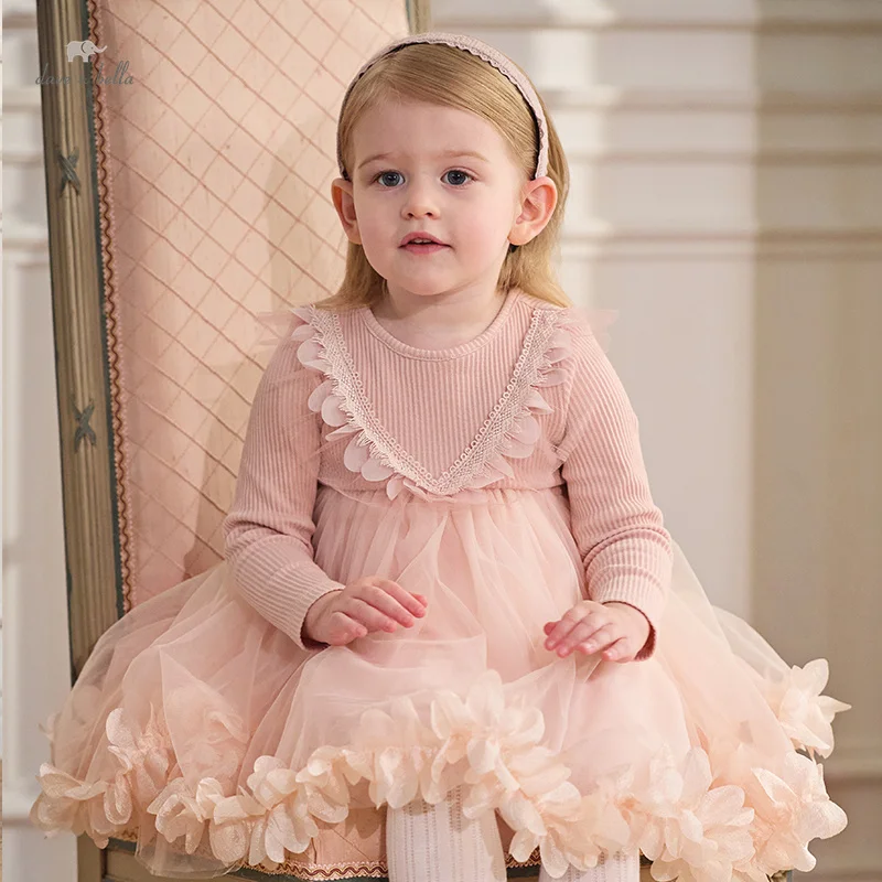 

Платье принцессы Dave Bella для девочек, осенне-весеннее детское нежное кружевное сетчатое платье с длинными рукавами, хлопковая уличная детская одежда DB3242579