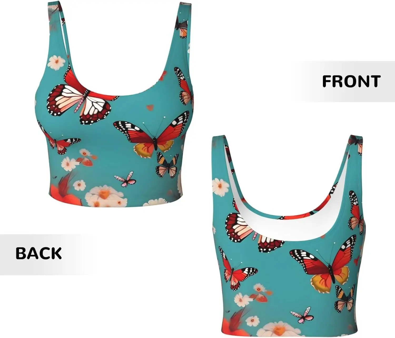 女性の花の間の蝶が飛んでいるプリントスポーツタンクトップ、取り外し可能なパッド付き軽量ヨガベスト