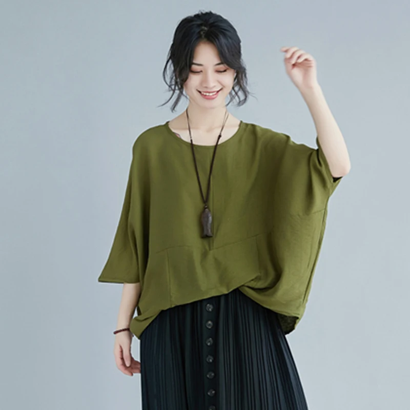 Verão novo sle artístico assimétrico batwing sve algodão linho camiseta tamanho grande feminino retalhos cor na moda topo