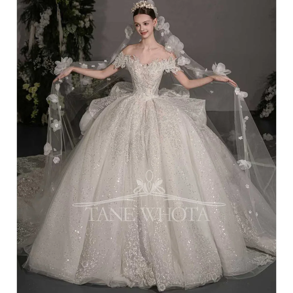

Luxury Off-Shoulder Beaded Sequined Ball Gown Wedding Dress Sweetheart Robe Customizable