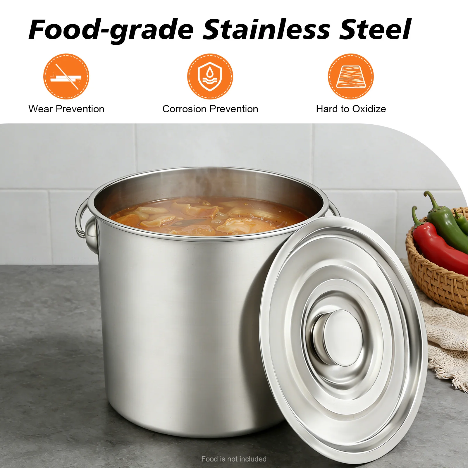 6l/12l/20l Großraum-Eimer aus lebensmittelechtem Edelstahl, verdickt 1,6 mm, mit Deckel und Griff, verhindert Leckagen, hitzebeständig, zum Kochen, Aufbewahren von Milch, Ölen, Ghee, Wein und anderen Flüssigkeiten. – Detail 2