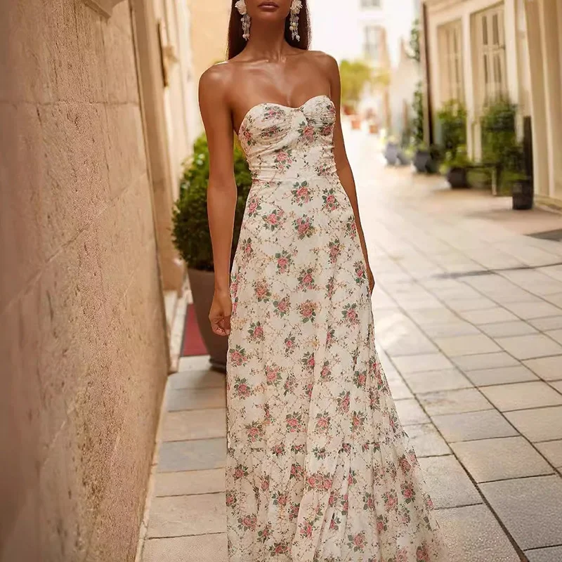 

LIBIELIY женское элегантное тонкое платье с цветочным принтом в стиле боэ сексуальное праздничное длинное платье без бретелек без рукавов модное бандажное платье с открытой спиной и галстуком P