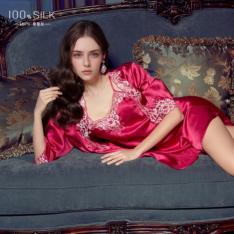Luxury 100% Mulberry Silk Lingerie Set for Women Sexy Lace Trim Sling Nightgown & Robe Bridal Wedding Bridesmaid Morning Gown