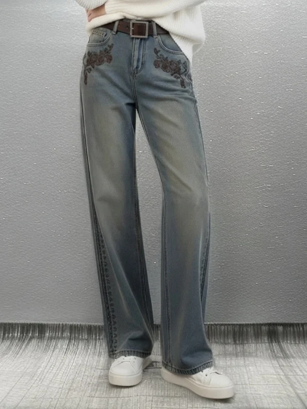 

Весенние женские джинсы с высокой талией и широкими штанинами, повседневные, с вышивкой, из денима, с эффектом похудения, с боковыми швами