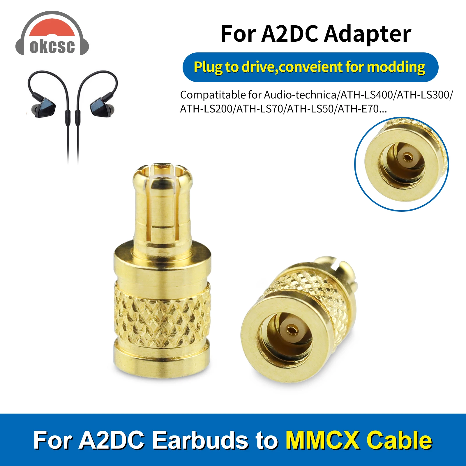 OKCSC MMCX Female Adapter to A2DC Male Earphone Connecter for Audio-technica ATH-LS400/ATH-LS300/ATH-LS200/ATH-LS70/ATH-LS50