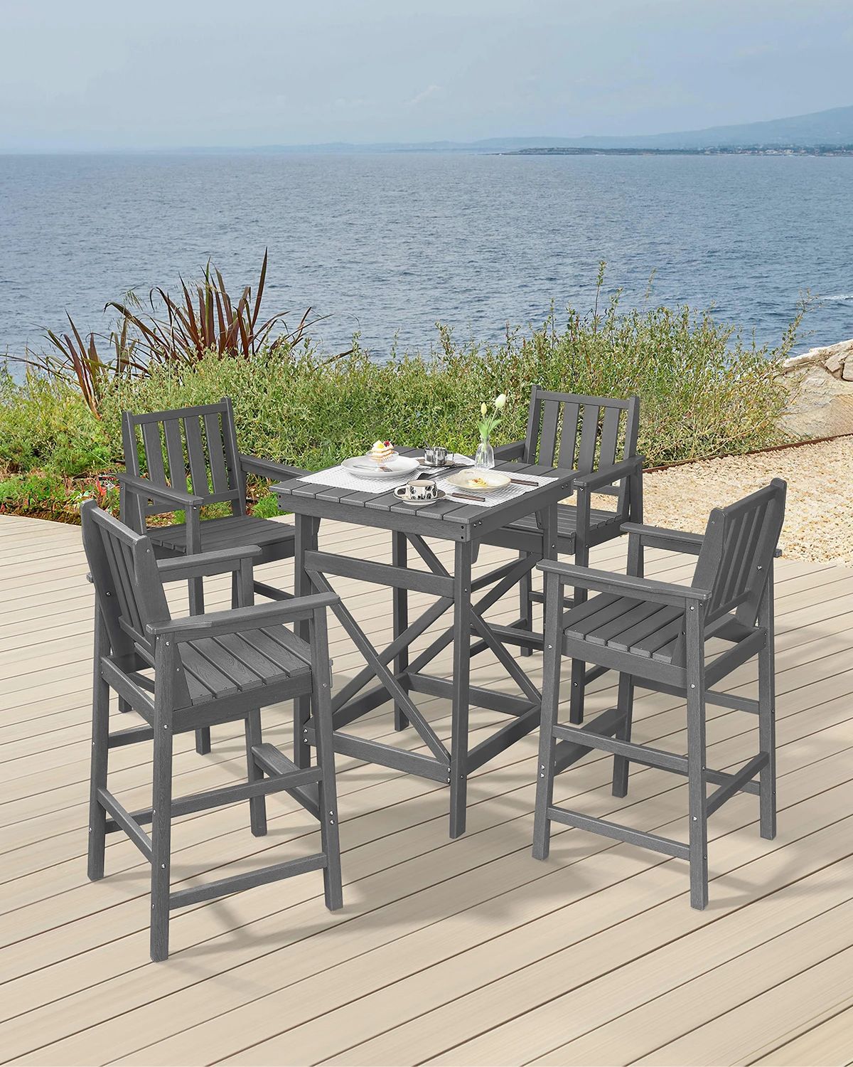 

5-Piece Adirondack HDPE Patio Furniture Set Gray Bar Table Chairs for Courtyard Dining Poolside Balcony Garden Outdoor Use