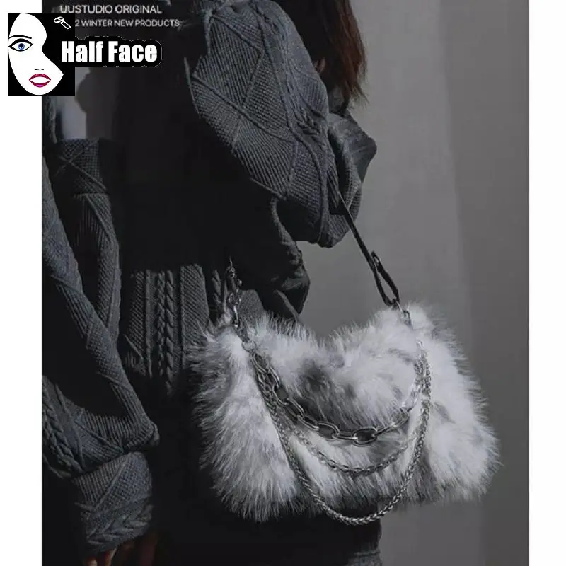 Y2K Girls Harajuku Women Gothic Punk Furry One Shoulder Advanced Design Underarm Lolita Plush Fashion Chain Crossbody Bags Tote