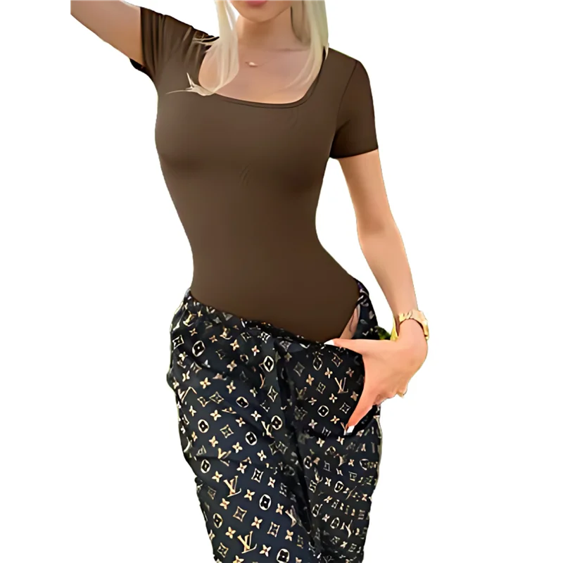 

A18P-Women's 2 Piece Bodysuits Ribbed Square Neck Short Sleeve Bodysuits