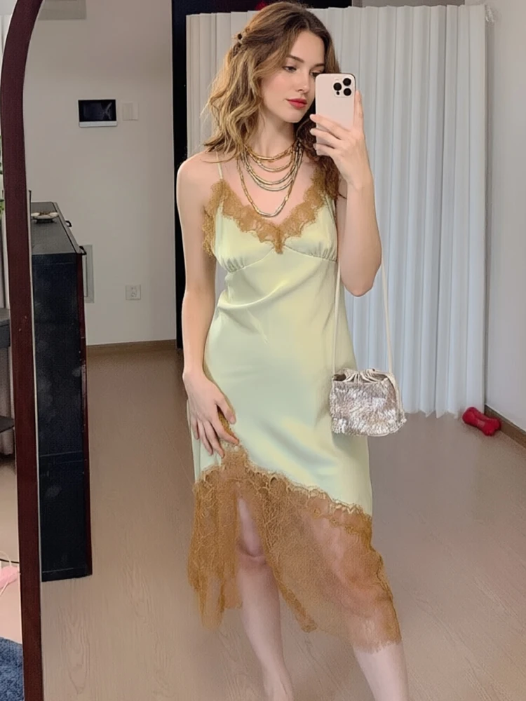 Vestido midi de satén verde para mujer, vestido lencero con encaje, sexy, sin espalda, sin mangas, elegante, ajustado, para verano.