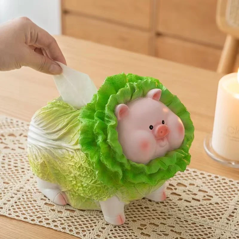 

2024 Cute Creative Cabbage Pig Napkin Box Resin Household Dining Table Ornaments Tissue Case Light Luxury Paper Holder Boxes