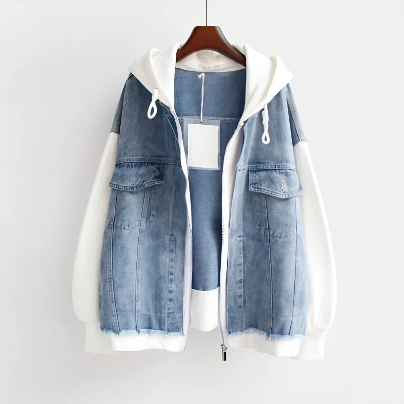 Women Fake Two Piece Denim Jacket Loose Spring Autumn New Color Blocking Zipper Style Cardigan Hooded Baseball Cowboy Coat Top