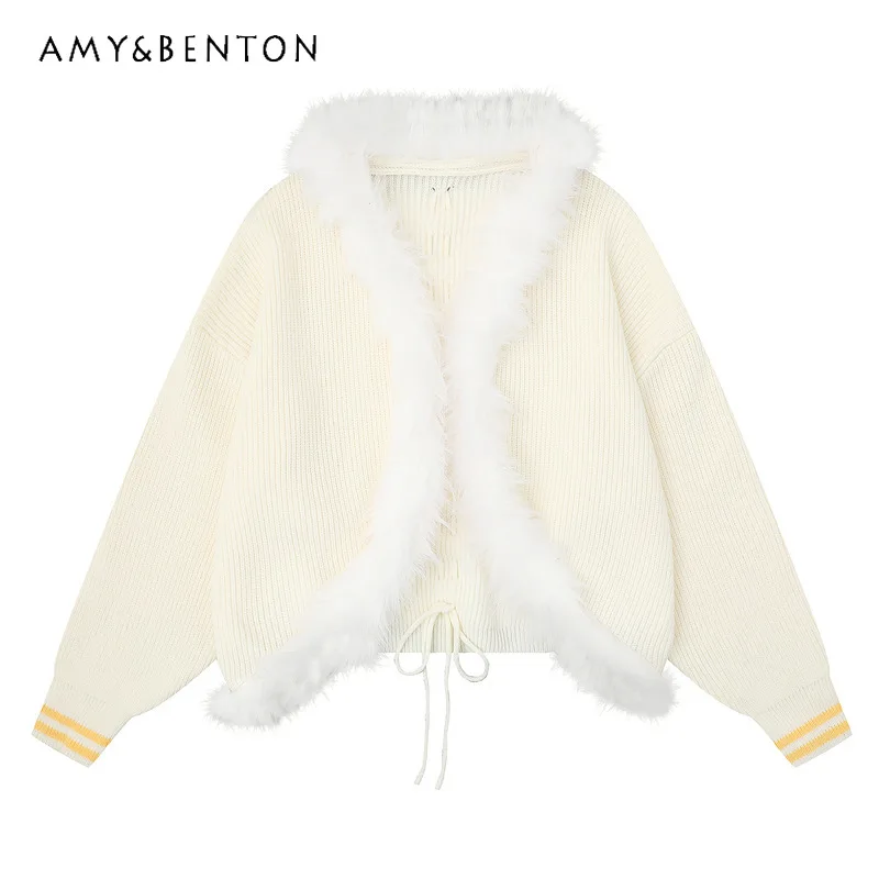 

French Design Light Yellow Plush Collar Knitted Women's Cardigan 2025 Autumn Winter New Loose Thickened Sweater Coats Ladies