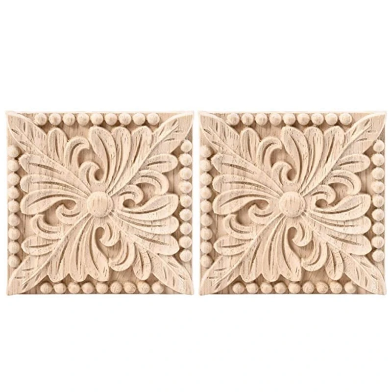 4 Pack Wood Carved Applique Onlay Square Carving Decal Unpainted Flower Door Cabinet Furniture Decoration 3.94X3.94Inch