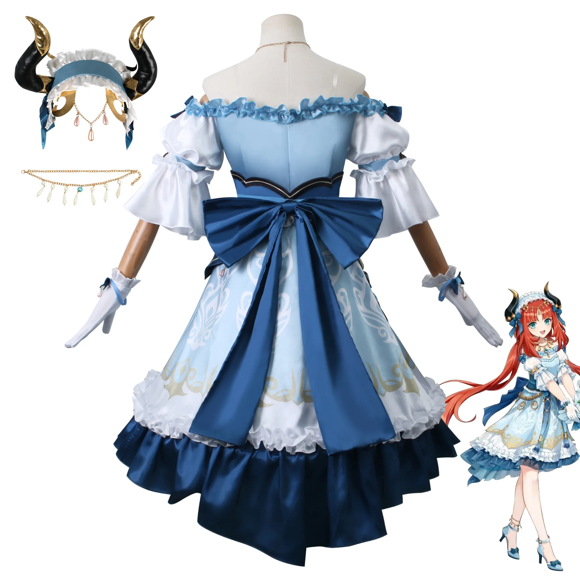 Nilu Japanese clothing collaboration role-playing full set of blue and white pleated dresses, anime game characters, Halloween view 3