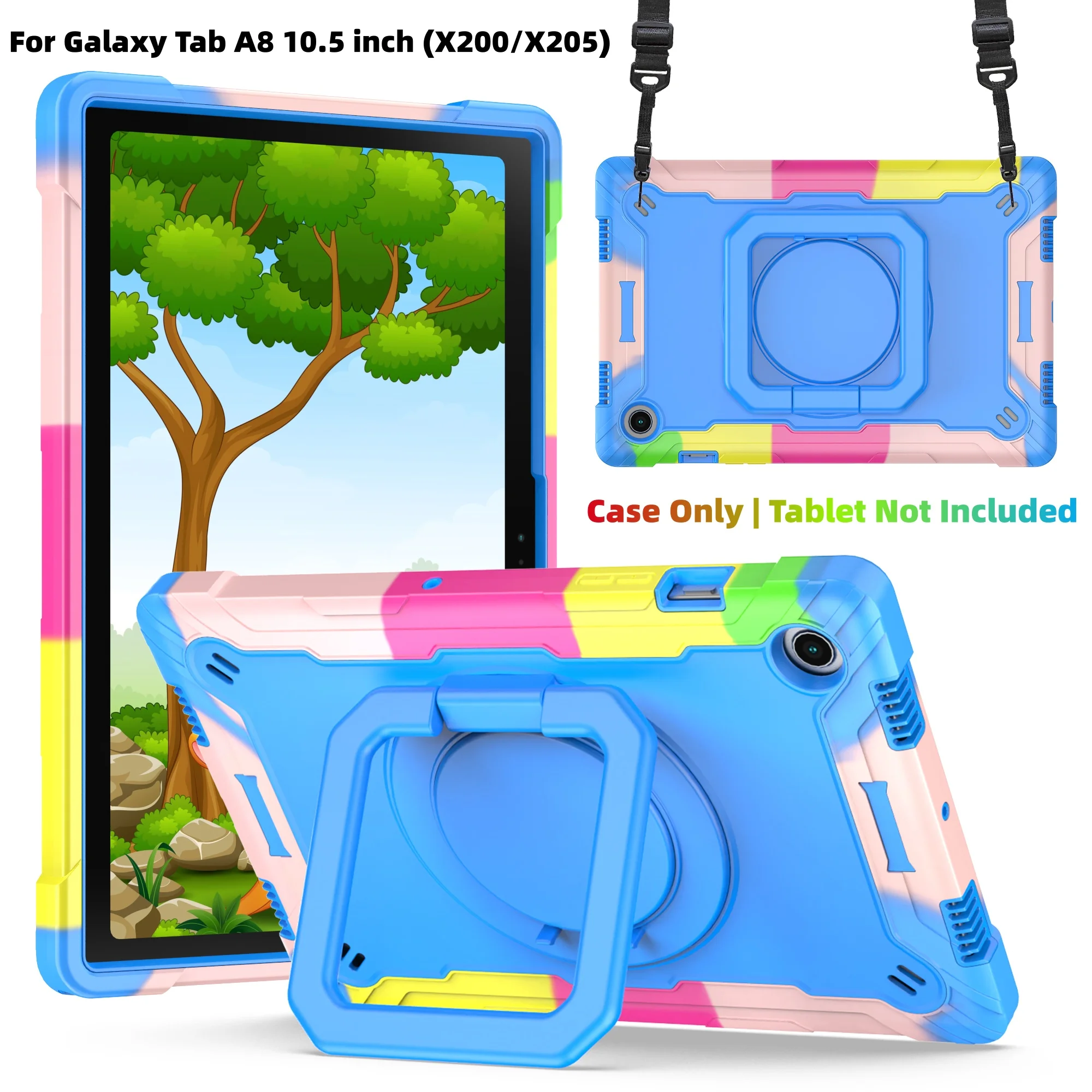 Case for Galaxy Tab A8 10.5inch(X200/X205) Shockproof Cover 360 Rotating Grip/Stable Kickstand/Shoulder Strap