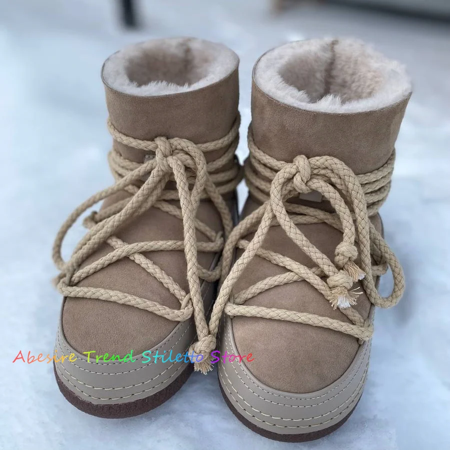 Classic Suede Ankle Boot Women Round Toe Leather and Fur Increased By 5Cm Inside Anti Slip Winter Warm Lace Up Ugly Cute Booties