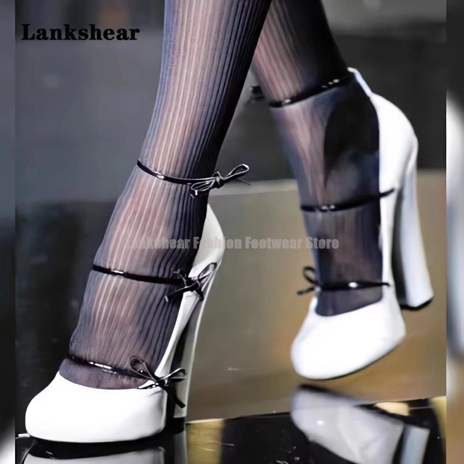 Gray Patent Leather Thick Heels Shoes Bow Round Toe Strap White High Heels Women\'s Thick Heels Black Single Shoe Big Size 34-45