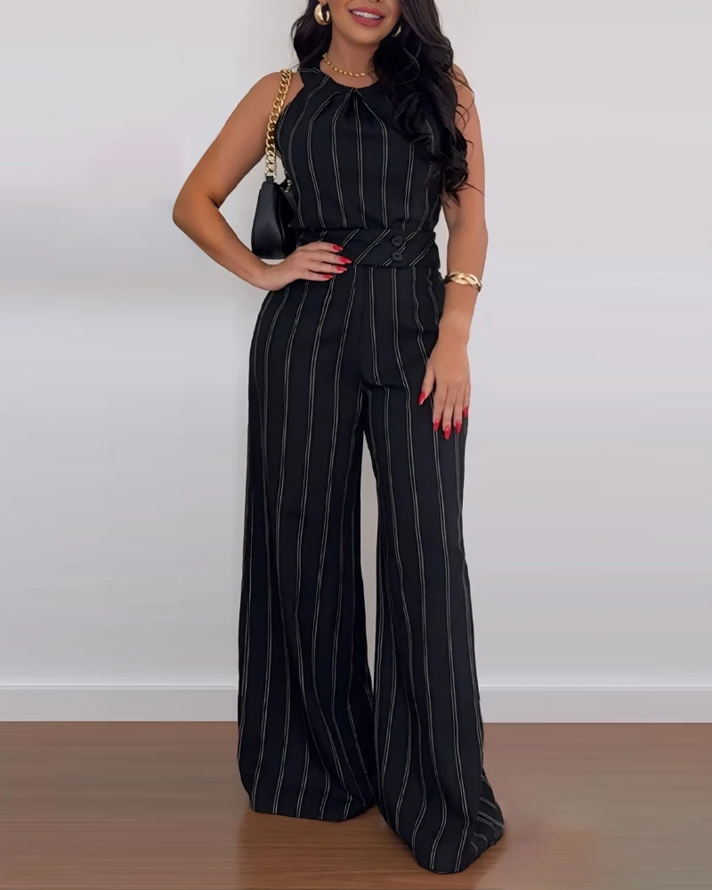 Striped round neck sleeveless jumpsuit