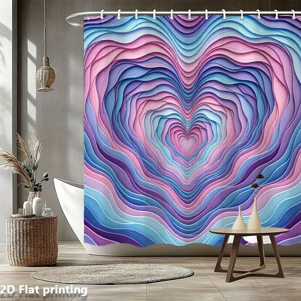 

Shower Curtain 71x71" Gradient Layered Hearts—Dreamy Purple-Pink-Blue Ripple, Nordic Style, Grommet Top, Machine Washable