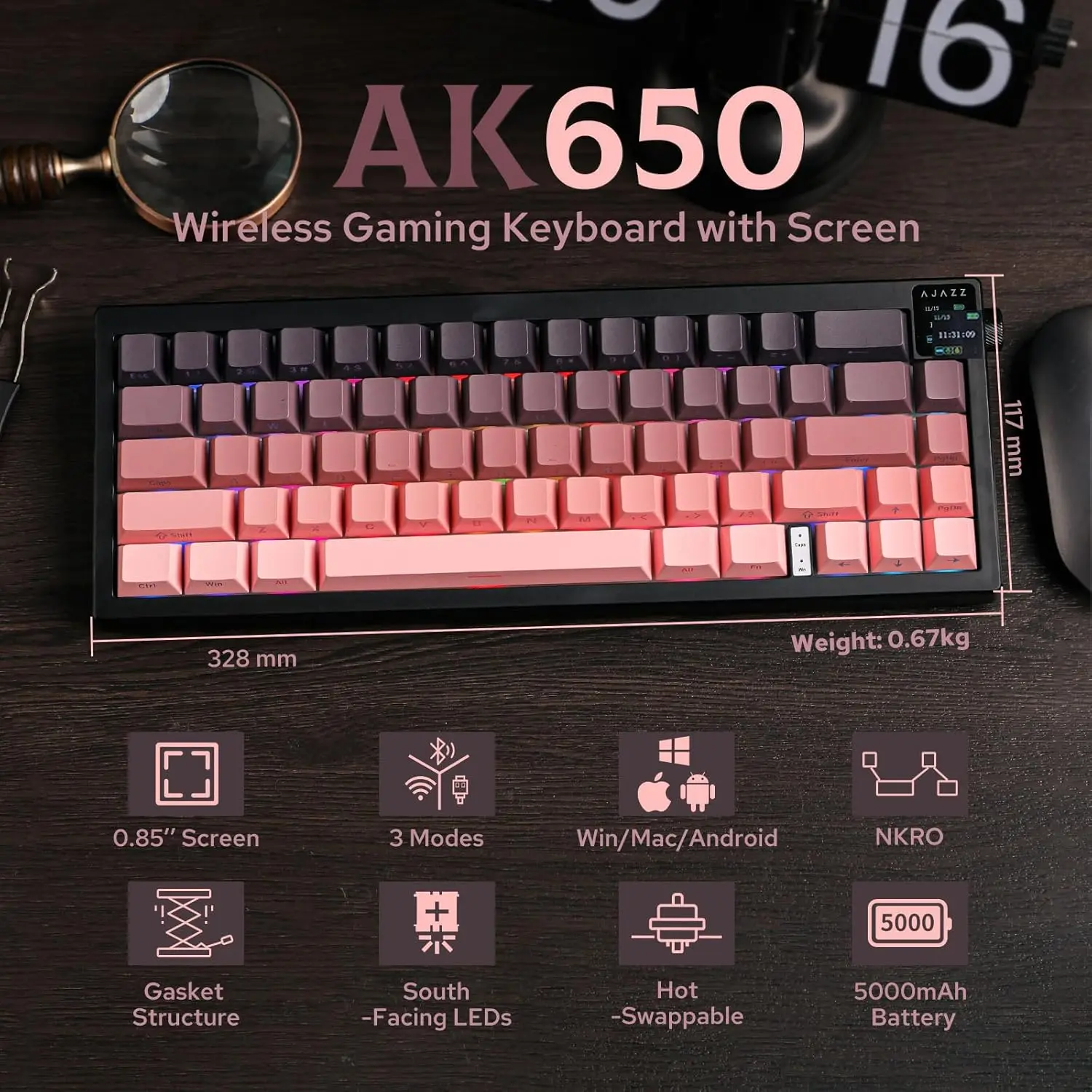 AK650 3-Modus Kabellose Mechanische Tastatur, 65% Layout, RGB, Bildschirm, Lautstärkeregler, 5000mAh Akku