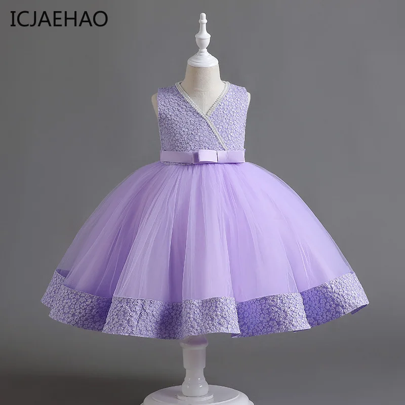 

ICJAEHAO Baby One Piece Ball Gown Children's Clothes 2 to 8 10 Years Matching Berading V-Neck Girl Kid's Dress Flower Jacquard