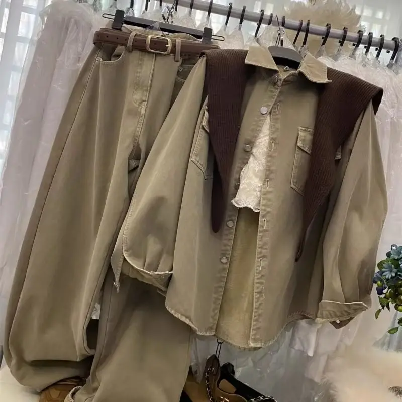 Autumn/Winter Retro Korean Style Unisex Denim Shirt Jacket Overcoat High-Waisted Slimming Wide-Leg Pants Fashion Set For Women