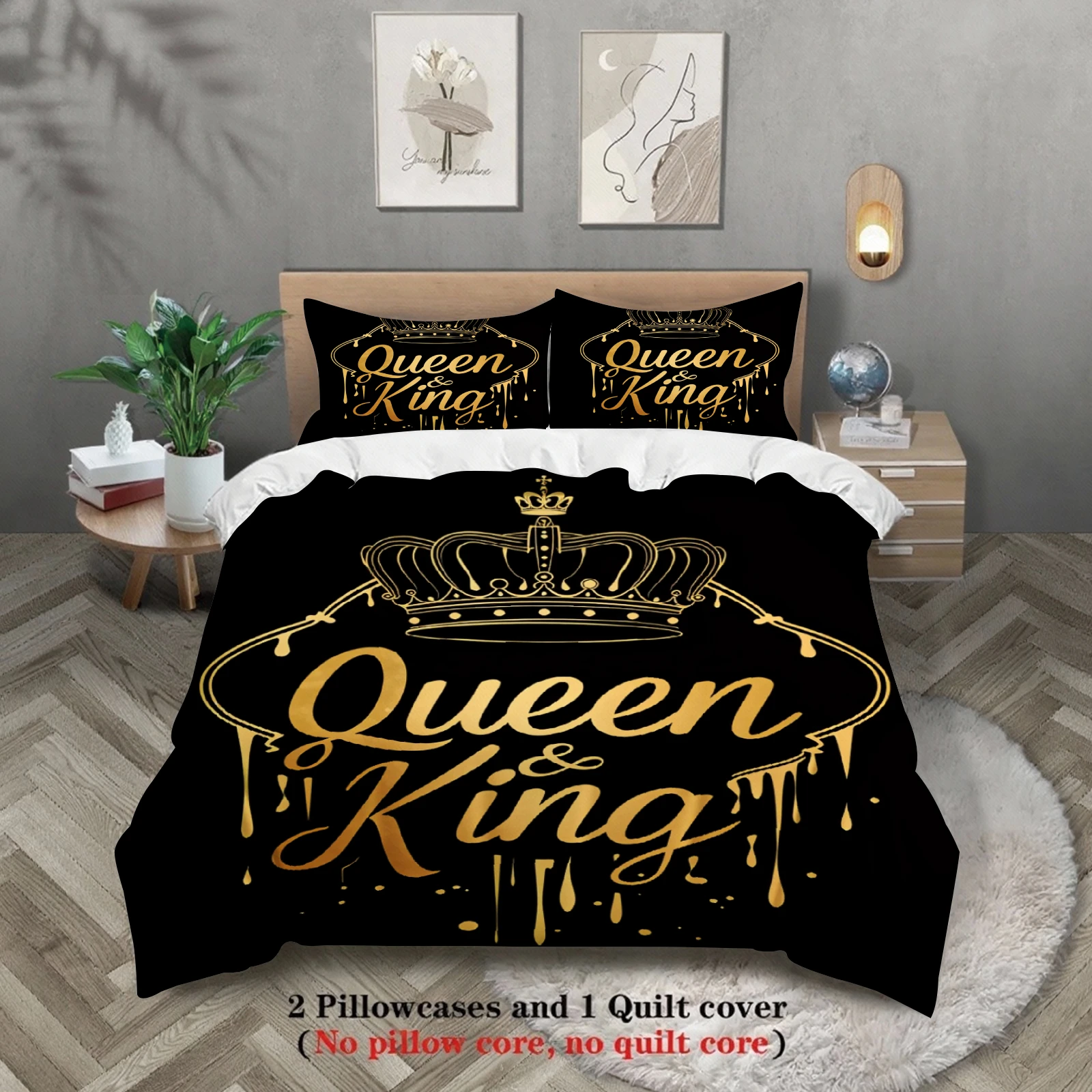 Queen And King Bedding Set Black Gold Crown Print Bedding With Duvet Cover & Pillowcases For Couples Bedroom