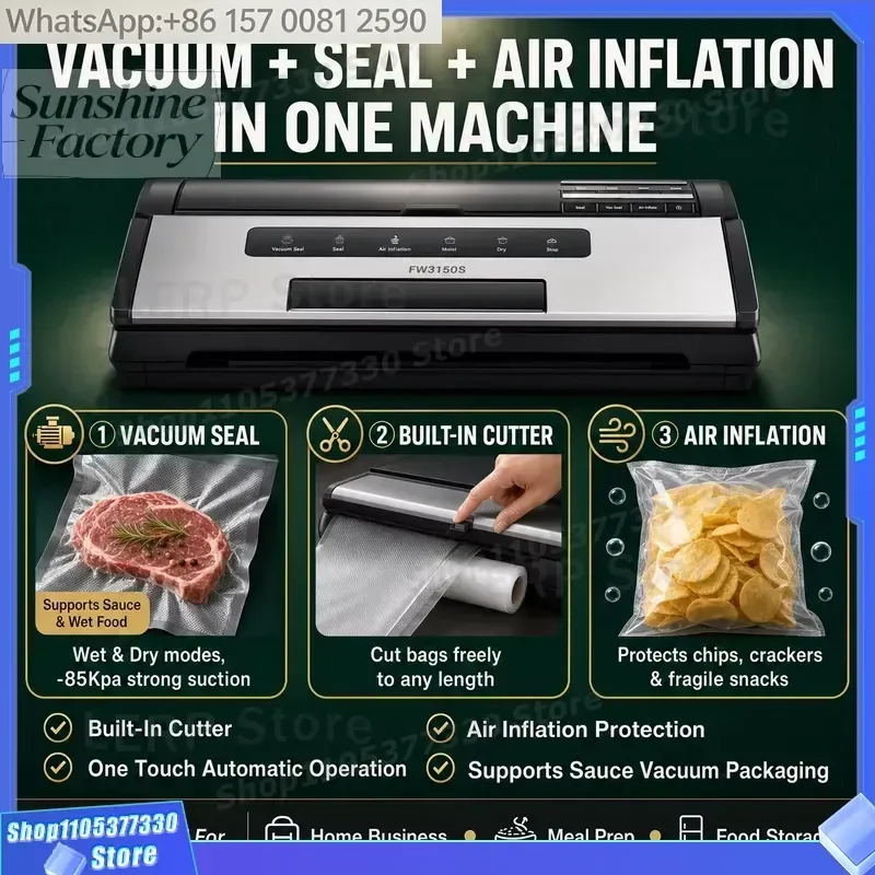 Electric Automatic Stainless Steel Vacuum Machine 85Kpa Vacuum Sealer Wet Dry Modes Air Inflation Built-In Cutter for Food