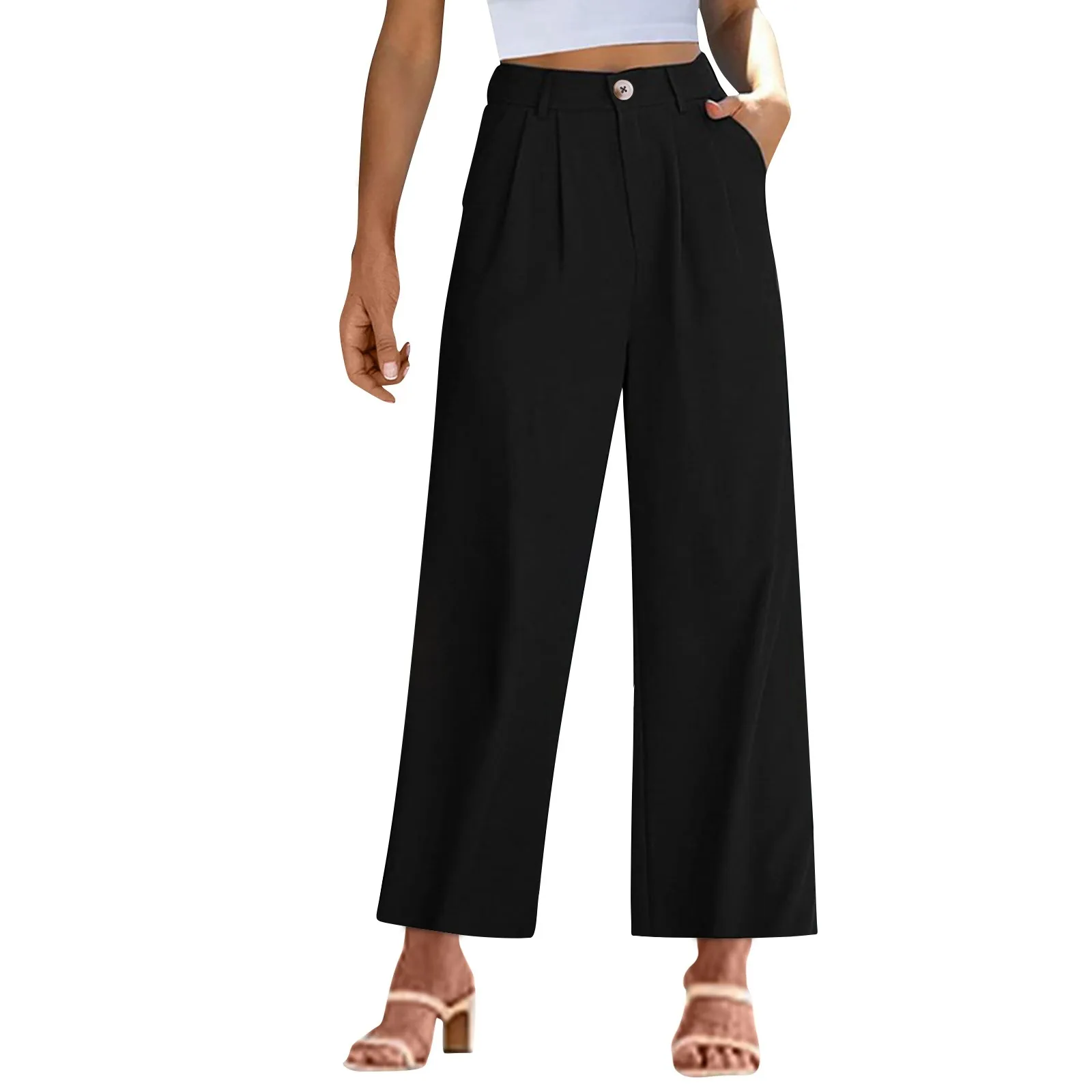 Calça reta de perna larga larga larga feminina, cintura alta, botão, casual para negócios, deslocamento diário, calça formal com bolsos, verão