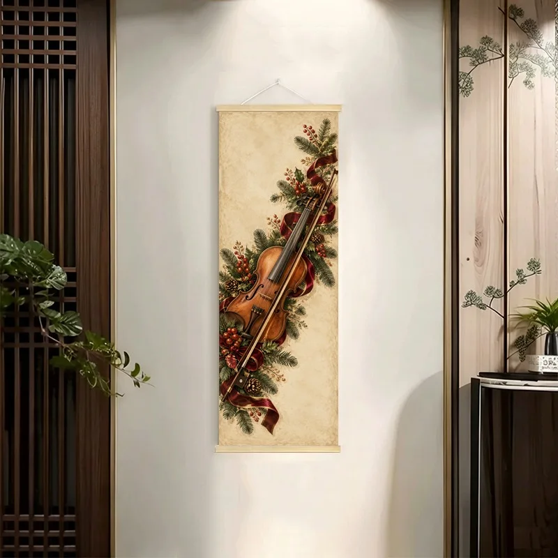 Violin, Piano, Harp and Drum Hanging Scroll with Evergreen Branches in a Vintage Musical Illustration for a Living Room