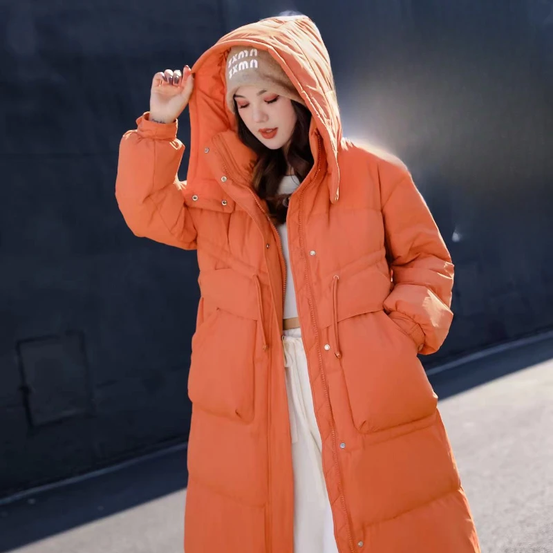 Women\'s Long Down Jacket, Hooded Waist Coat, Knee Warm Coat, Korean Version of The Casual Parker Coat, Winter Fashion, New, 2024