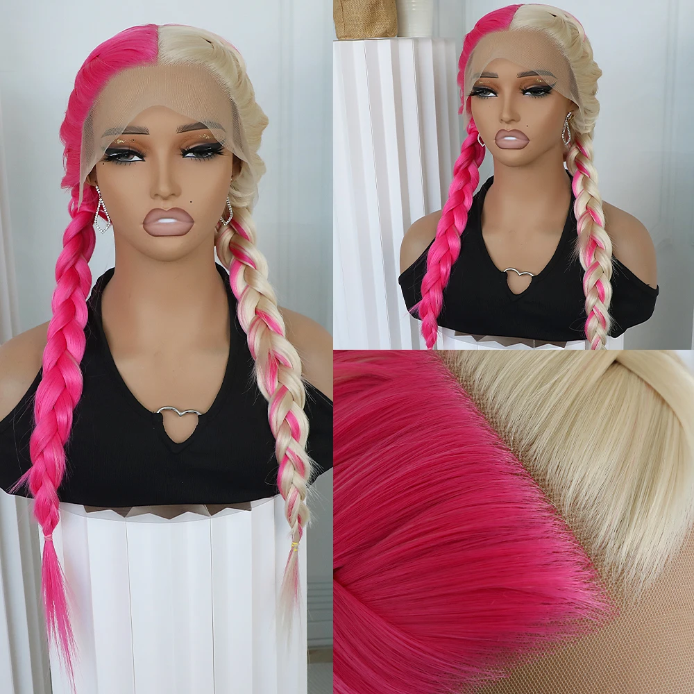Half Pink and Half Blonde Synthetic Lace Front Wigs Long Straight Wigs for Women Heat Resistant Hair Light pink and ash Blonde