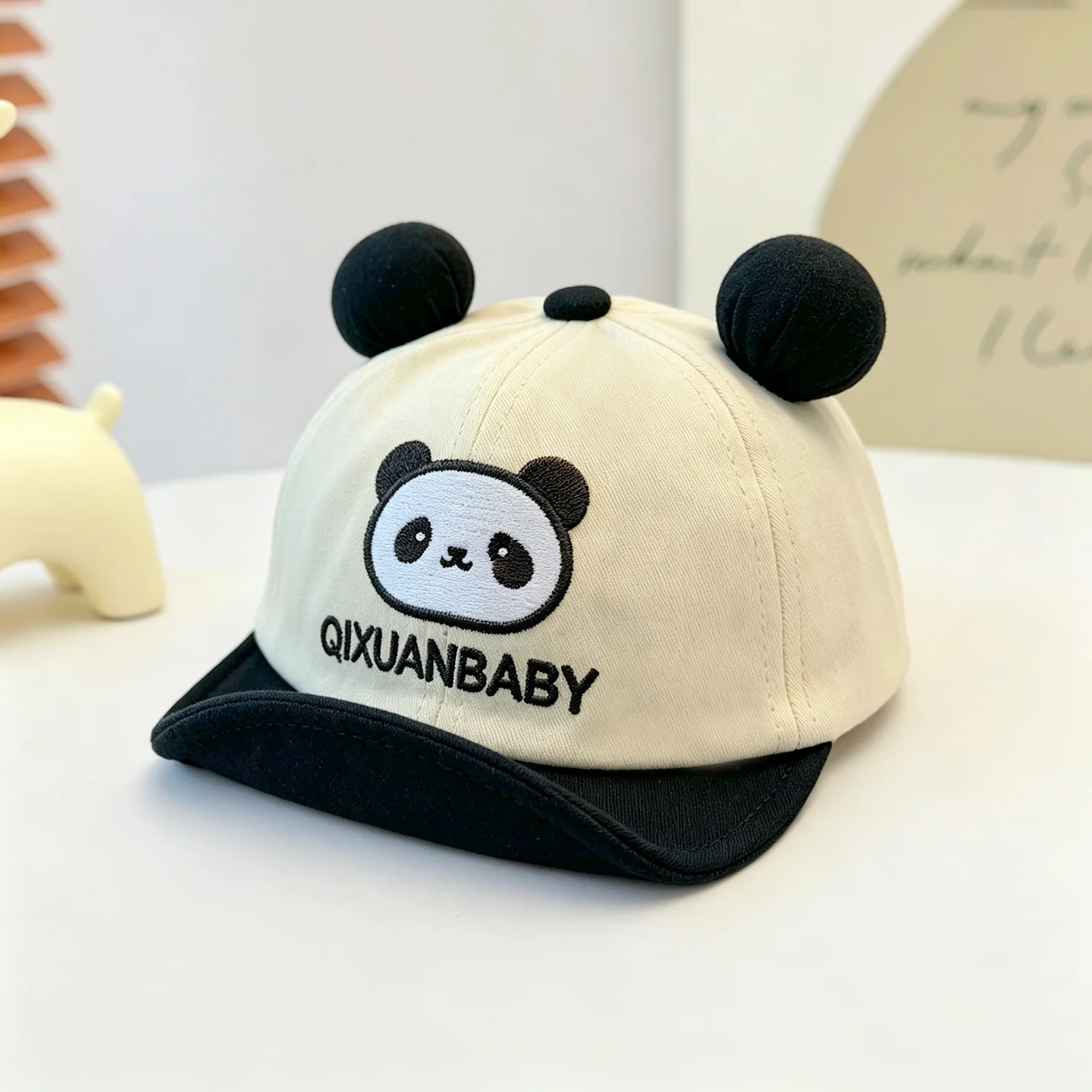 Children's double-round ball ears panda embroidery soft brim baseball cap, Korean retro style, suitable for daily school use - view 2