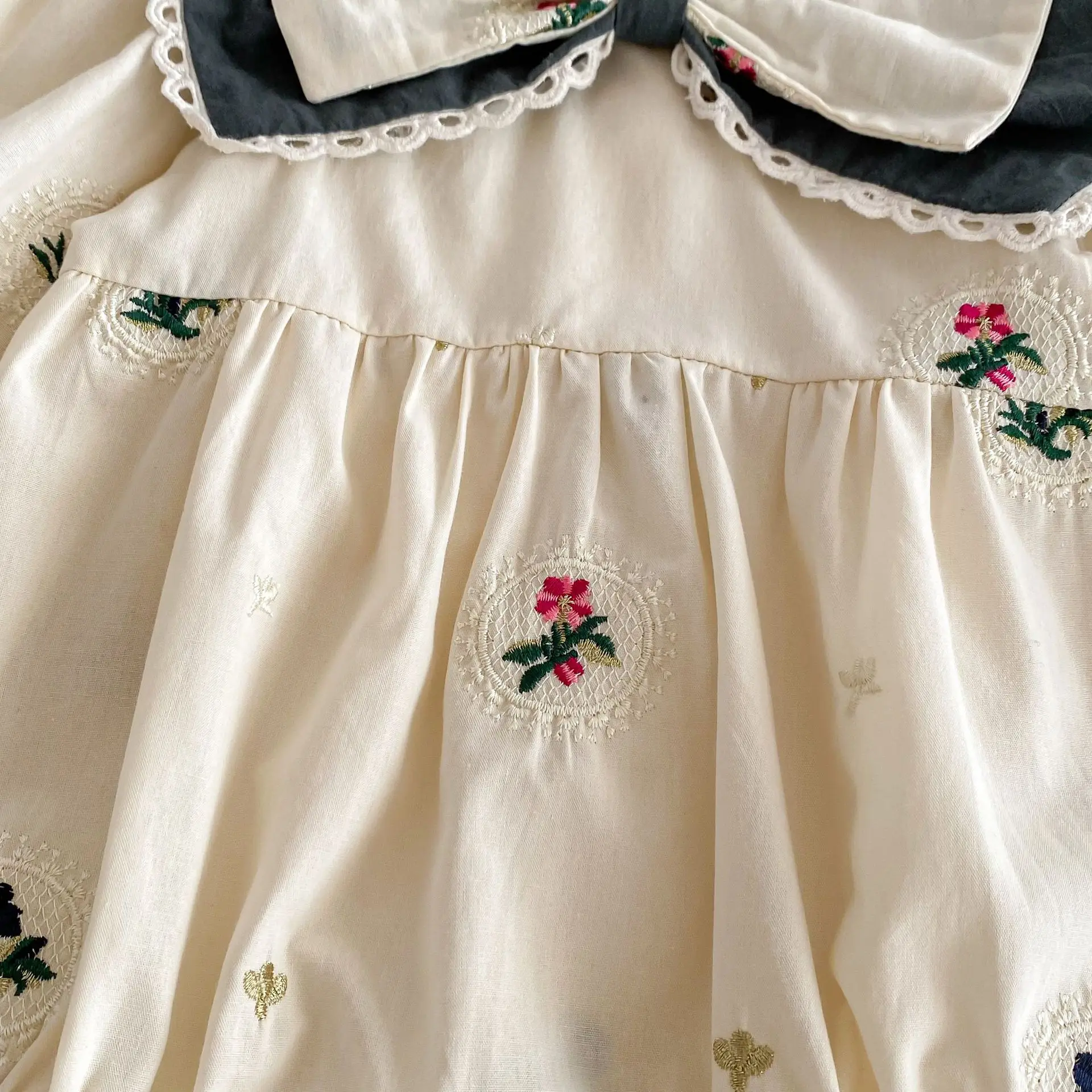 2024 Spring New Korean Style Infant Skirt Lapel Harness  Rompers Embroidered Long Sleeve Dress Sisterhood