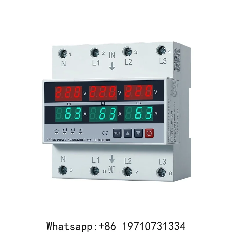100A/63A 3 Phase 4 Wire Din Rail Adjustable Over Under Voltage Current Limit Protection Relay Protector Voltmeter Ammeter