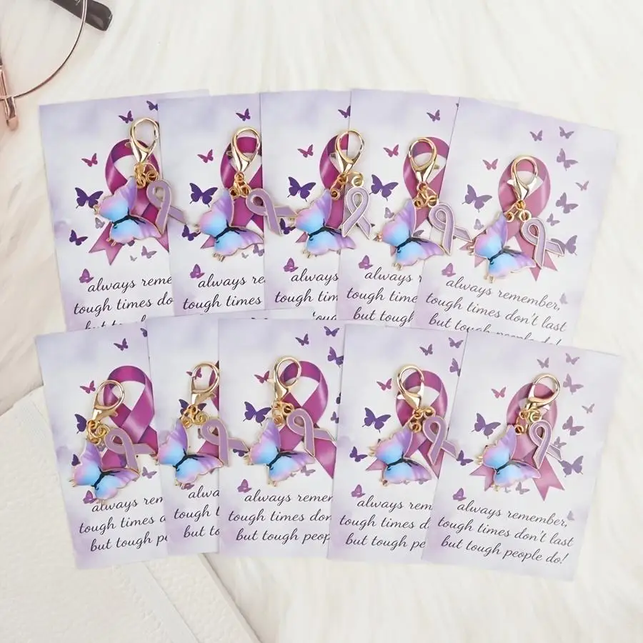 1/5/10/20/50/100pcs Set of Purple Bow Tie Ribbon Butterfly Keychains with Inspirational Encouragement Greeting Cards, Suitable a