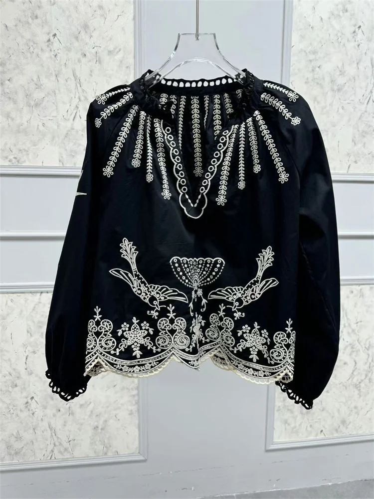 Women Puff Sleeve Pullover Shirt Hollow Out Embroidery Retro Female V-Neck Blouse Tops for 2025 Spring New Ethnic Style