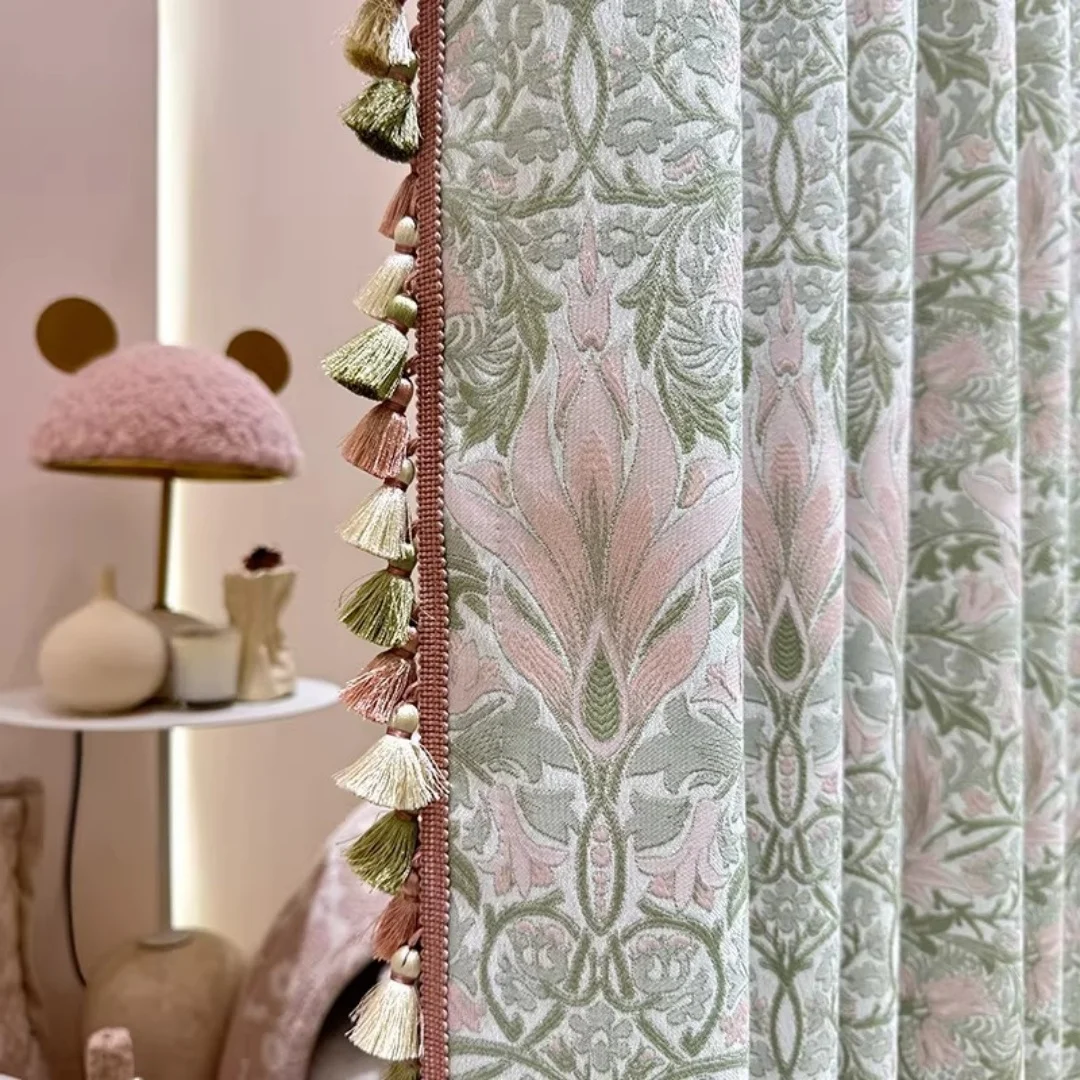 Pink tendril yarn-dyed jacquard curtain fabric bedroom high-grade shading curtain new French curtain niche