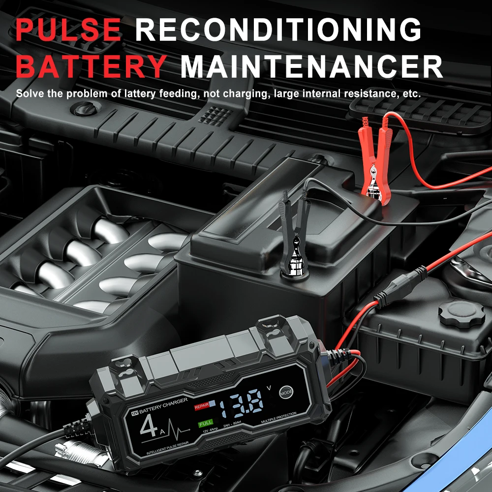 12V 4A Car Battery Charger Pulse Repair Smart Battery Charger for Lead Acid AGM GEL SLA Battery 2AH to 80AH