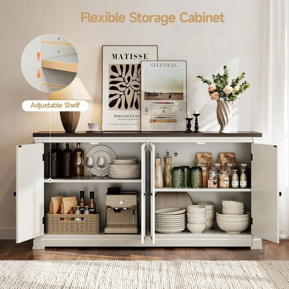 ONBRILL 63インチ バッフェキャビネット 収納付き、大型サイドボードキャビネット 4つの納屋戸付き、調節可能な棚、木製コーヒーバー