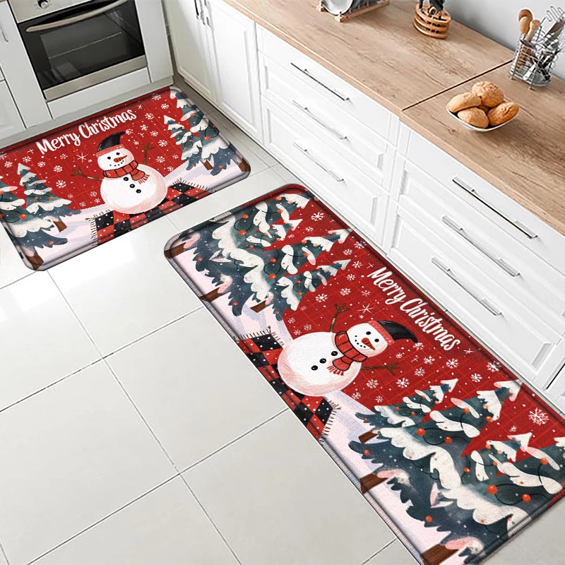 

Christmas Forest Snowman Kitchen Mat Party Decoration Hallway Entrance mat Washable Bathroom Living Room Bedroom Home Decor