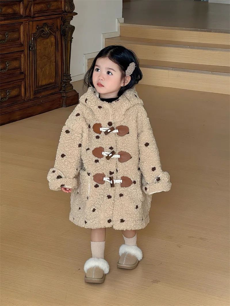 Korean Version of Girls' Flower Thousand Horn Buckles Hooded Polka Dot Plush Embroidered Long Thermal Coat Coat