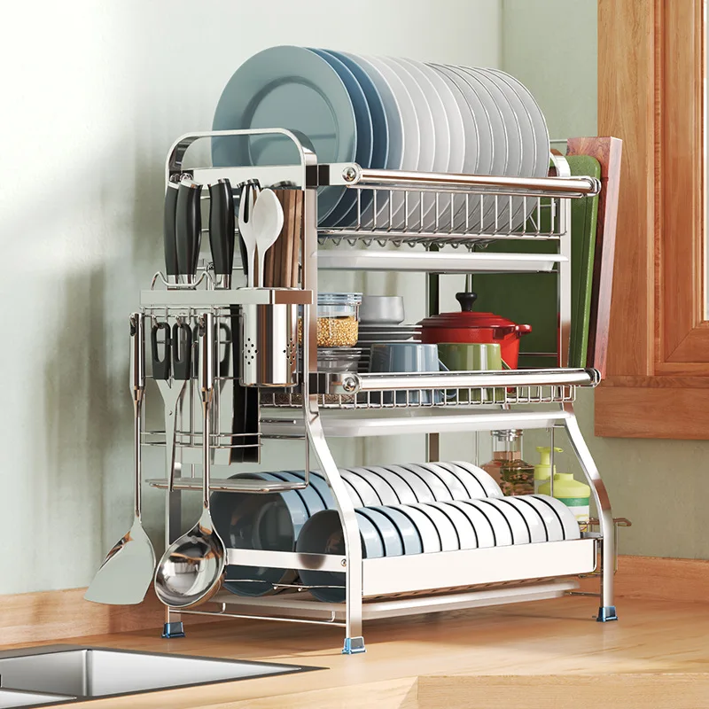 304Stainless Steel Dish Rack 3 Layer Drain Kitchen Organizer Durable Tableware Storage Solution for Home Maximizes Space