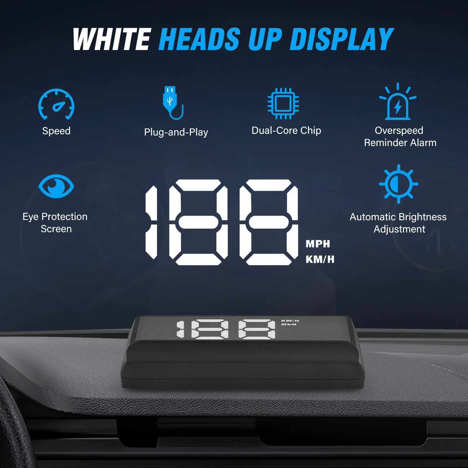 Switchable Voltage 5V For All Cars Digital Speedometer HUD White Reflective Triple Over-Speed Alarm Auto Light Sensor KM/H MPH
