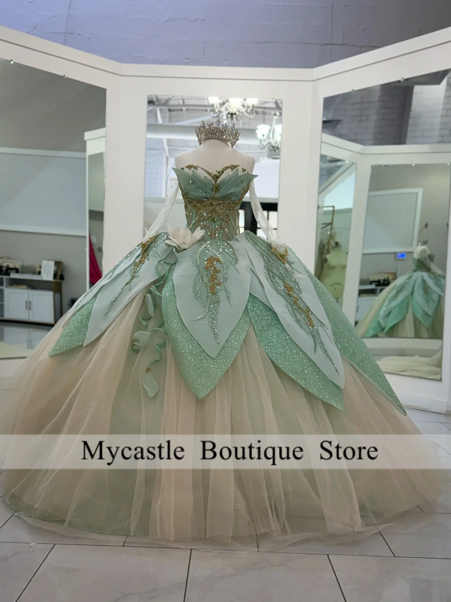 

Green Beige Tiana Inspired Quinceanera Dresses 2026 Off Shoulder Ball Gown For Fairytale Theme Party With Train Customized