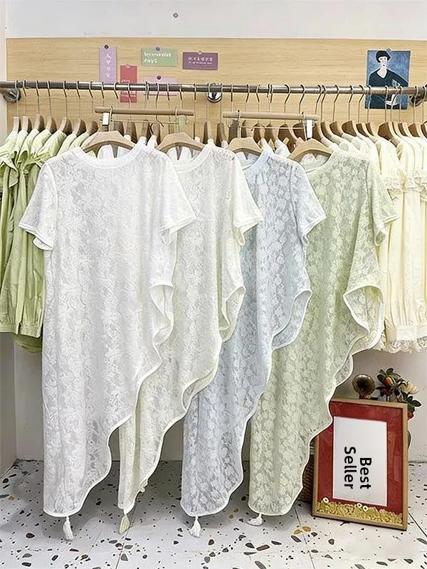 

plus Size Lace Shirt Short Sleeve Long Women's 300 Pounds Lazy Style Casual Loose Fit round Neck Short Sleeve Midi Skirt