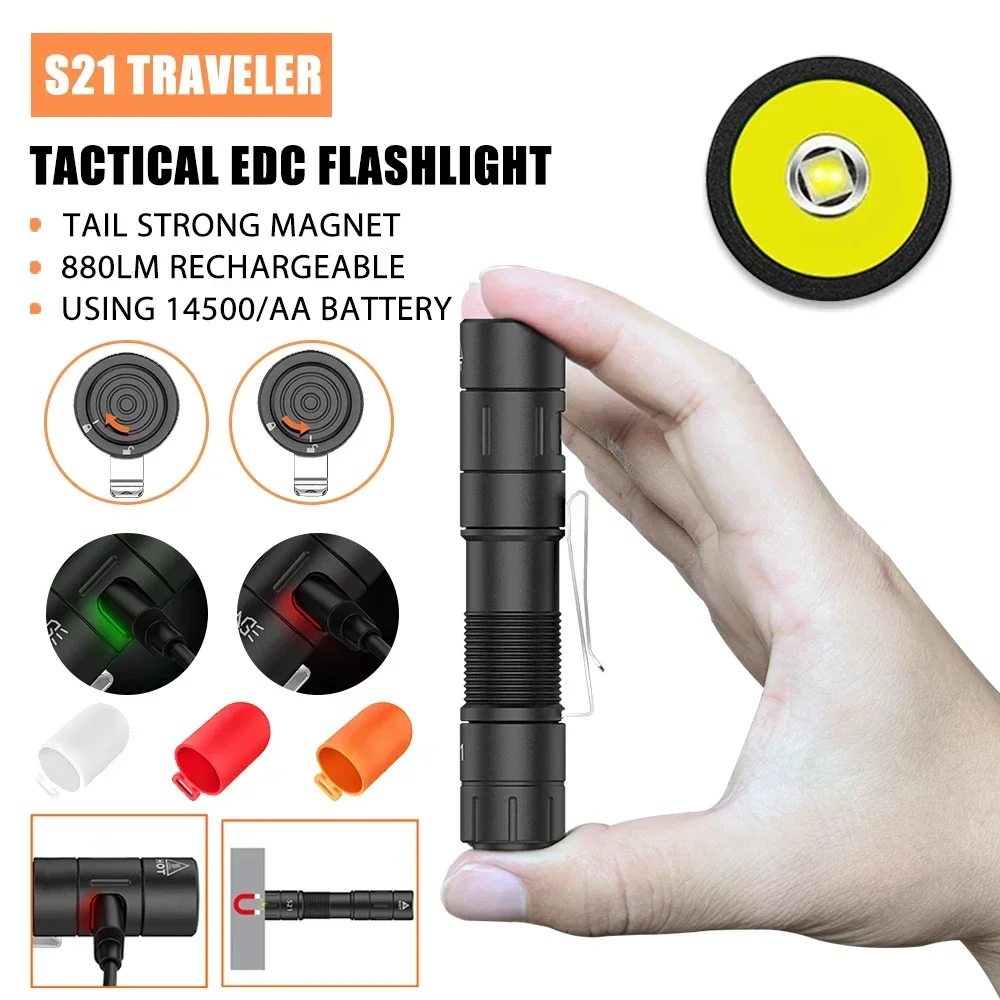 S21 Traveler LED Flashlight USB Rechargeable Mini Work Lantern with Portable Hat Clip Torch Tail Magnetic for Outdoor Camping