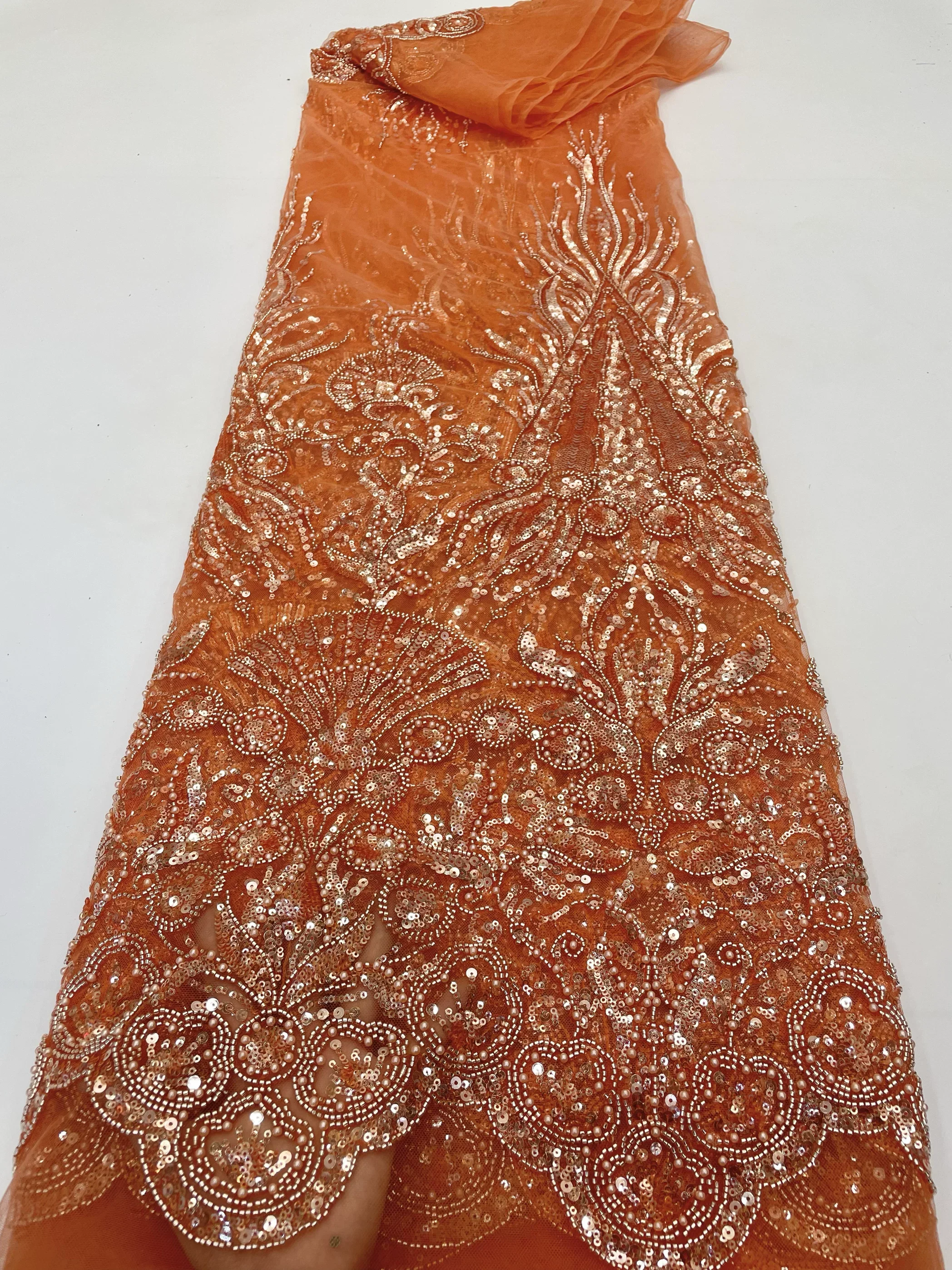 Tela de malla suave de 5 yardas con lentejuelas de tubo de perlas y bordado floral tridimensional, telas para vestidos de novia y cheongsam, para confección de ropa.
