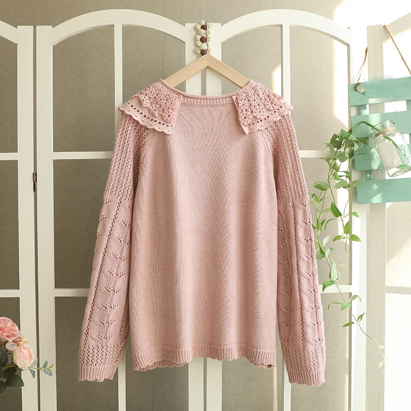 Autumn Sweet Double-layer Collar Hollow Out Embroidered Sweater Women Long Sleeve Single Breasted Knitted Sweater