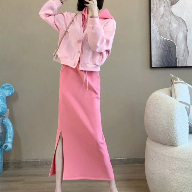 

Autumn Single Breasted Jacket And Midi Dress Of Set Fashion V-neck Coats + Slit Straight Hooded Dress Casaul Women Suit